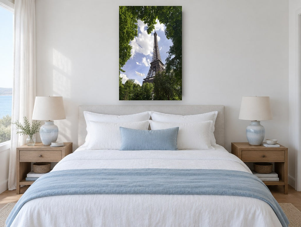 Eiffel Through the Leaves city canvas print on the wall of a bedroom