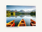 Three Boats Alpine Lake, orange boats mountain lake photograph, landscape canvas wall art print ready to hang