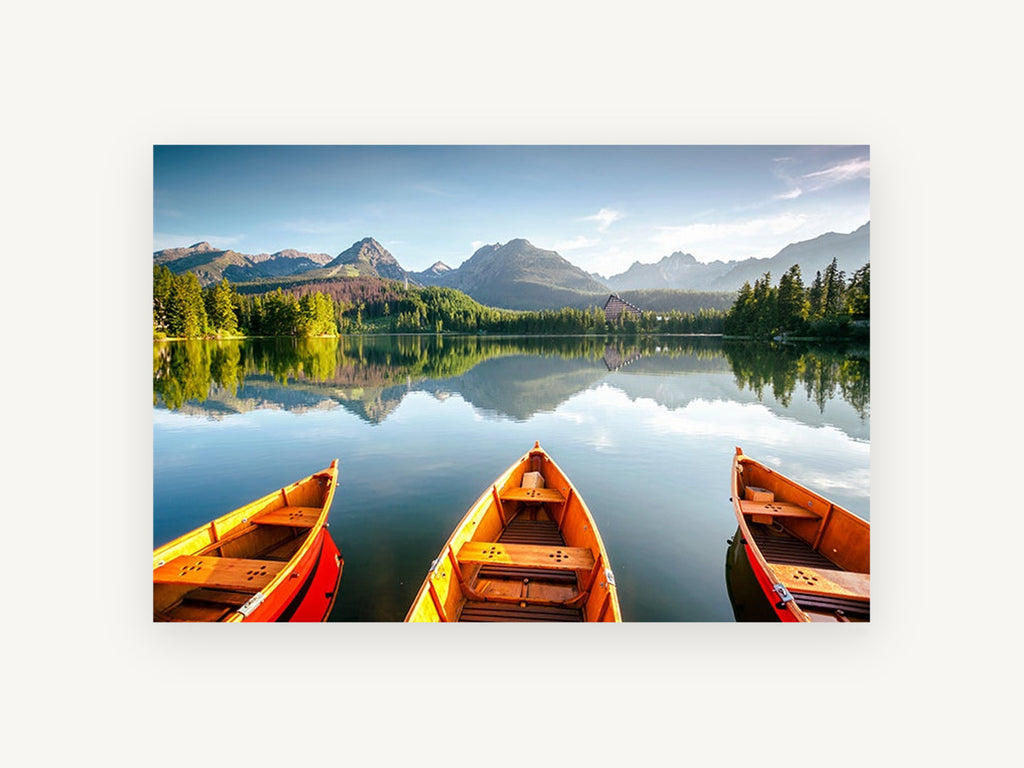 Three Boats Alpine Lake, orange boats mountain lake photograph, landscape canvas wall art print, front view