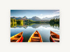 Three Boats Alpine Lake, orange boats mountain lake photograph, landscape canvas wall art print, front view