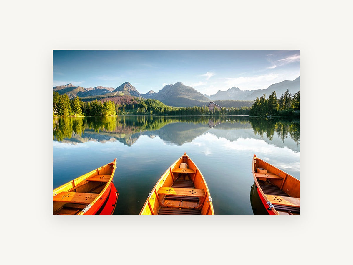 Three Boats Alpine Lake, orange boats mountain lake photograph, landscape canvas wall art print, front view