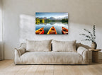 Three Boats Alpine Lake landscape canvas print on the wall of a living room