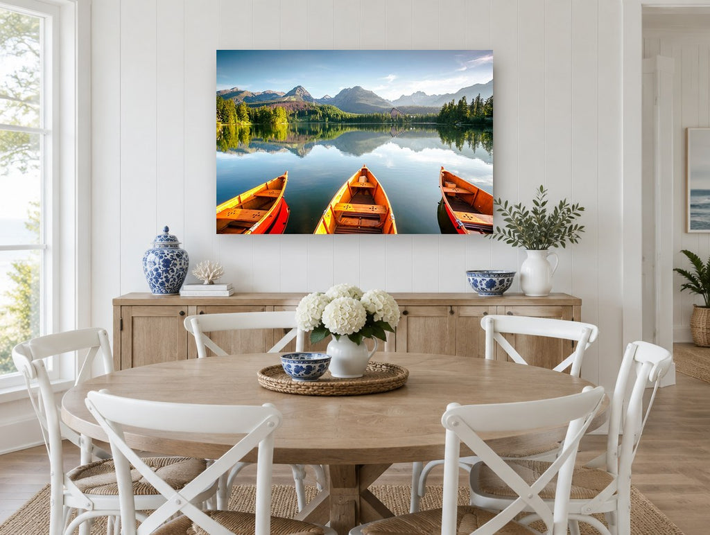 Three Boats Alpine Lake landscape canvas print on the wall of a Hamptons dining room