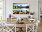 Three Boats Alpine Lake landscape canvas print on the wall of a Hamptons dining room