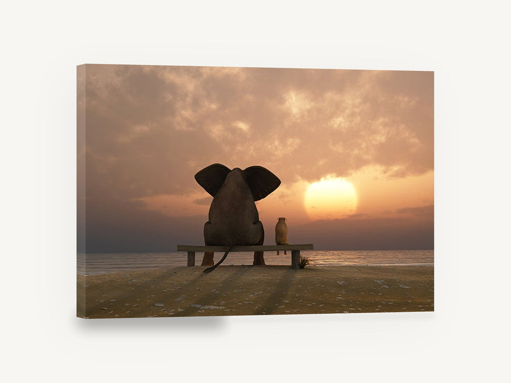 Sunset Companions, elephant and dog beach sunset, coastal canvas wall art print ready to hang