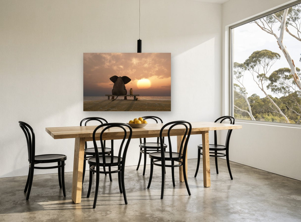 Sunset Companions coastal canvas print on the wall of a dining room