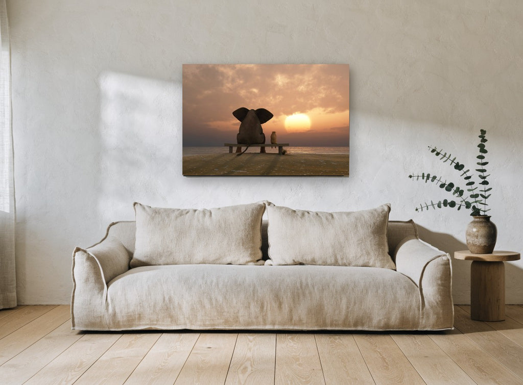 Sunset Companions coastal canvas print on the wall of a living room