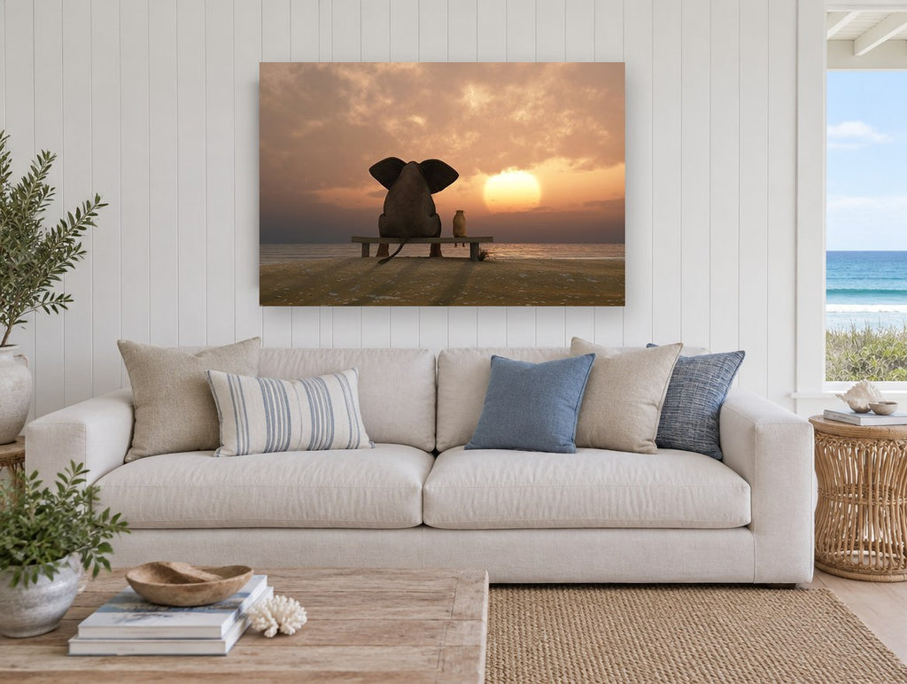 Sunset Companions coastal canvas print on the wall of a beach house living room