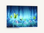 Butterflies in Blue Glade, green butterflies blue forest meadow, floral canvas wall art print ready to hang