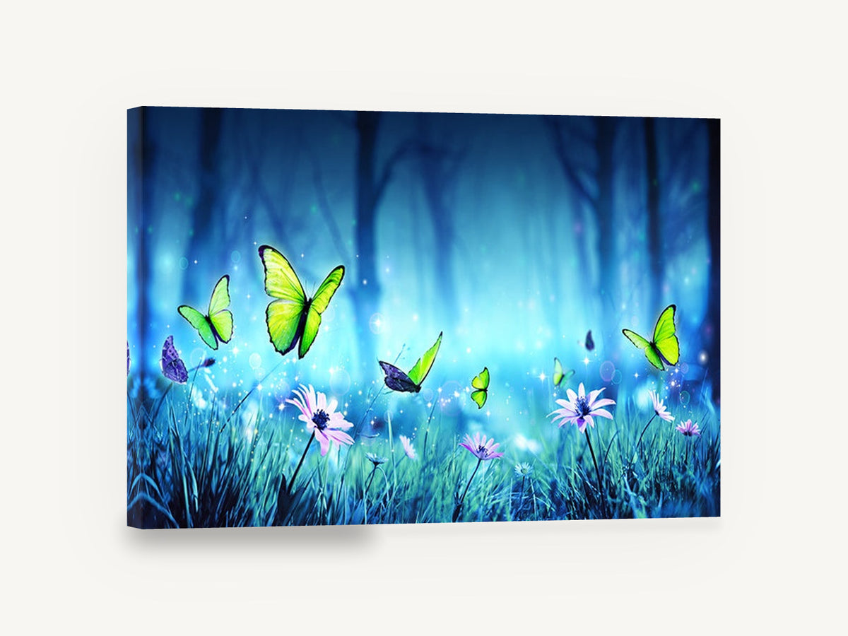 Butterflies in Blue Glade, green butterflies blue forest meadow, floral canvas wall art print ready to hang