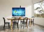 Butterflies in Blue Glade floral canvas print on the wall of a dining room
