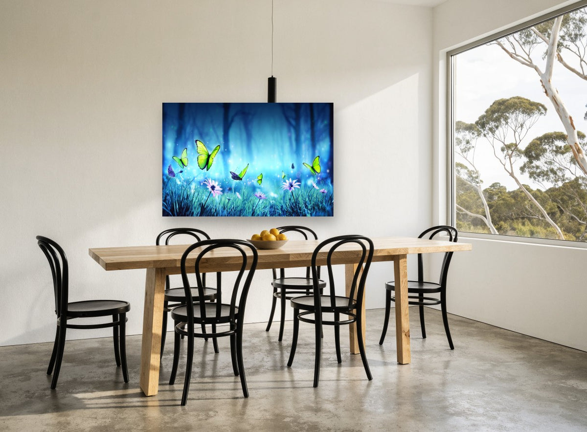 Butterflies in Blue Glade floral canvas print on the wall of a dining room