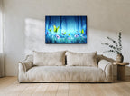 Butterflies in Blue Glade floral canvas print on the wall of a living room