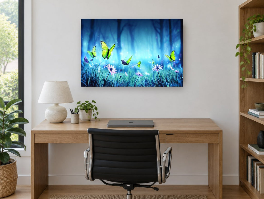 Butterflies in Blue Glade floral canvas print on the wall of a study