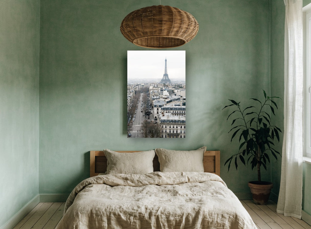 Paris Rooftops Haze city canvas print on the wall of a bedroom