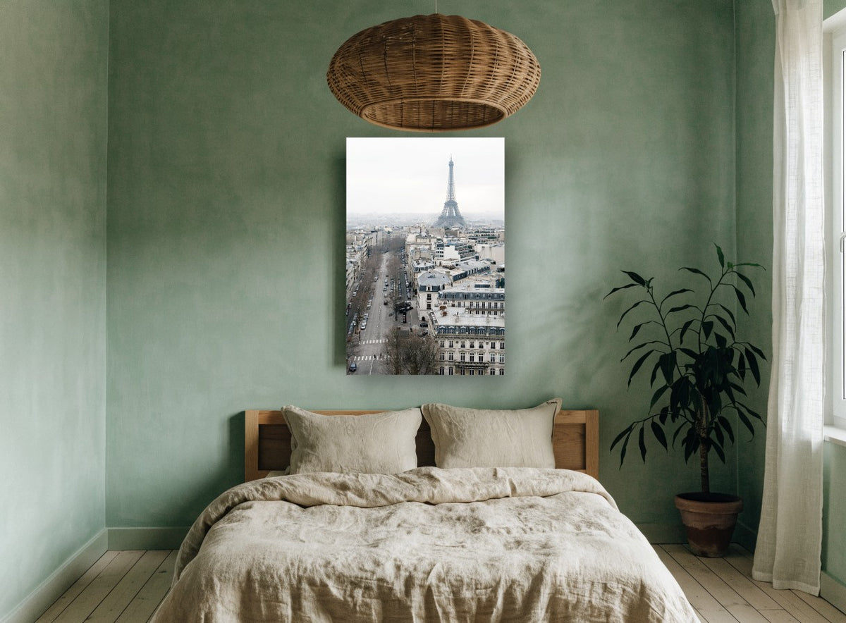 Paris Rooftops Haze city canvas print on the wall of a bedroom
