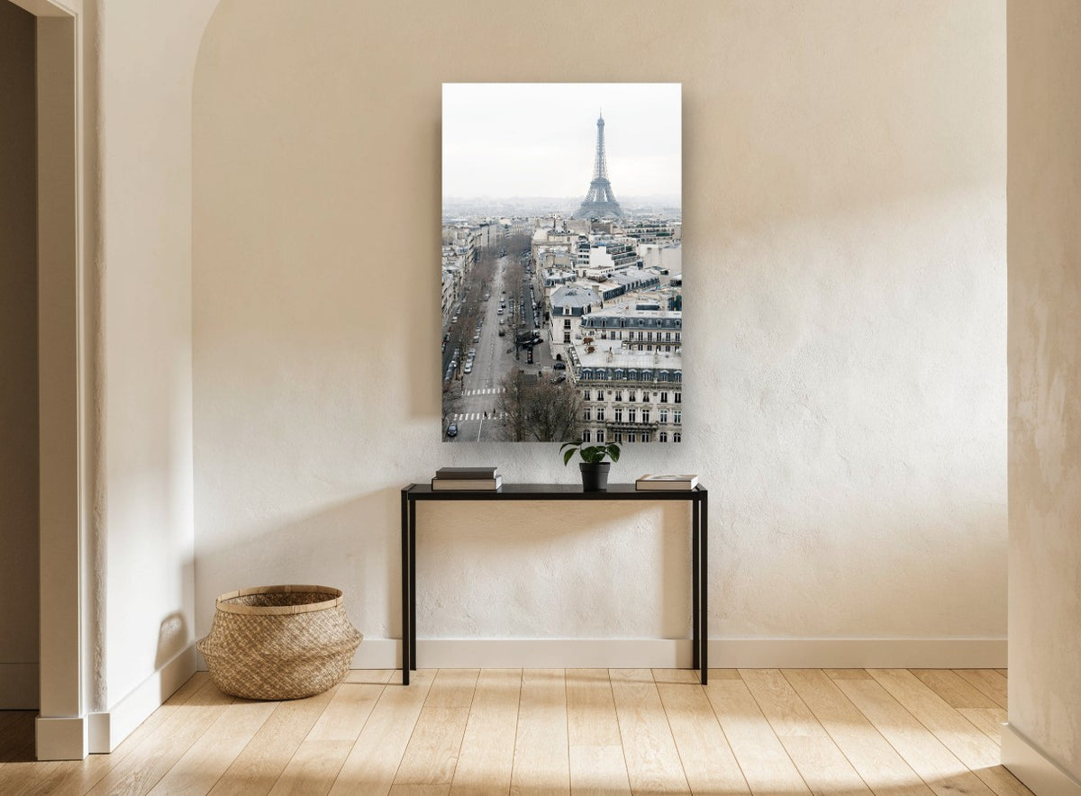 Paris Rooftops Haze city canvas print on the wall of a hallway