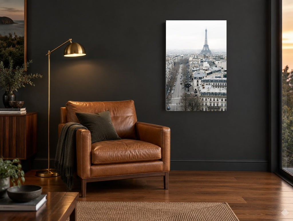 Paris Rooftops Haze city canvas print on the wall of a charcoal living room
