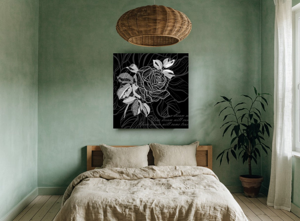 Midnight Rose Script floral canvas print on the wall of a bedroom