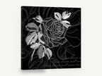 Midnight Rose Script, black and white rose line illustration, floral canvas wall art print ready to hang
