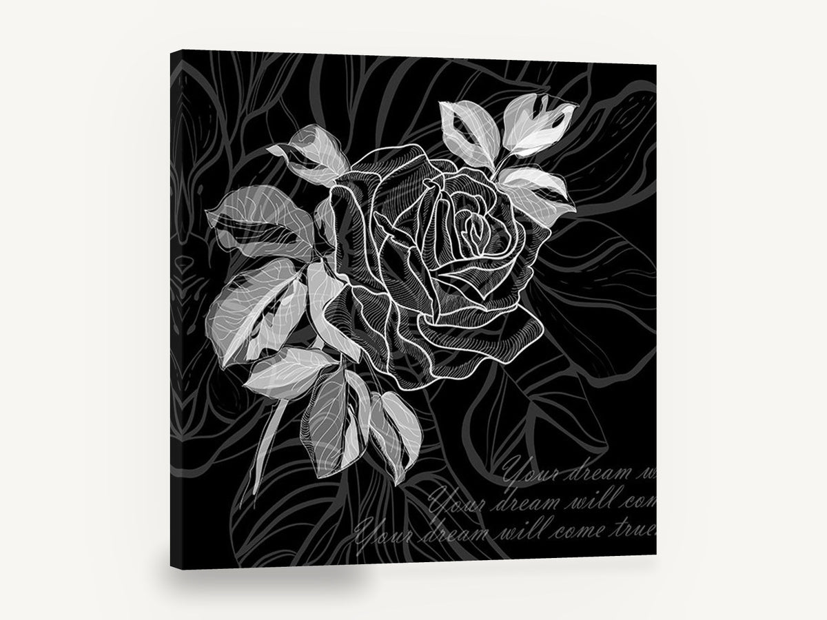 Midnight Rose Script, black and white rose line illustration, floral canvas wall art print ready to hang