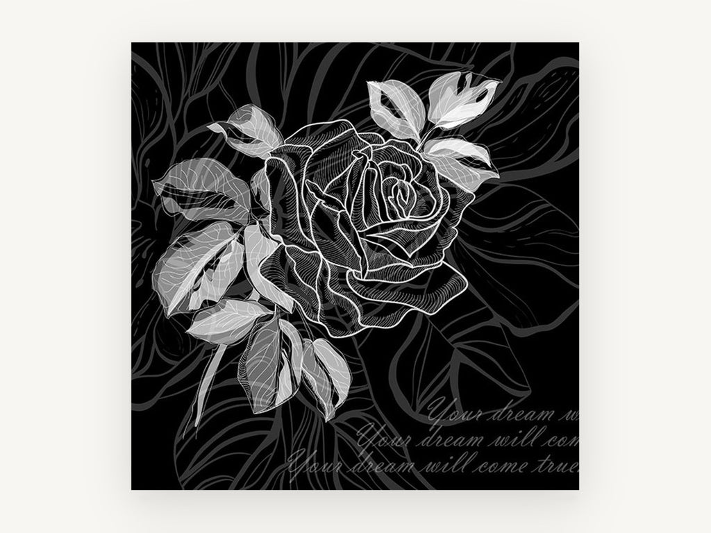 Midnight Rose Script, floral canvas wall art print, front view