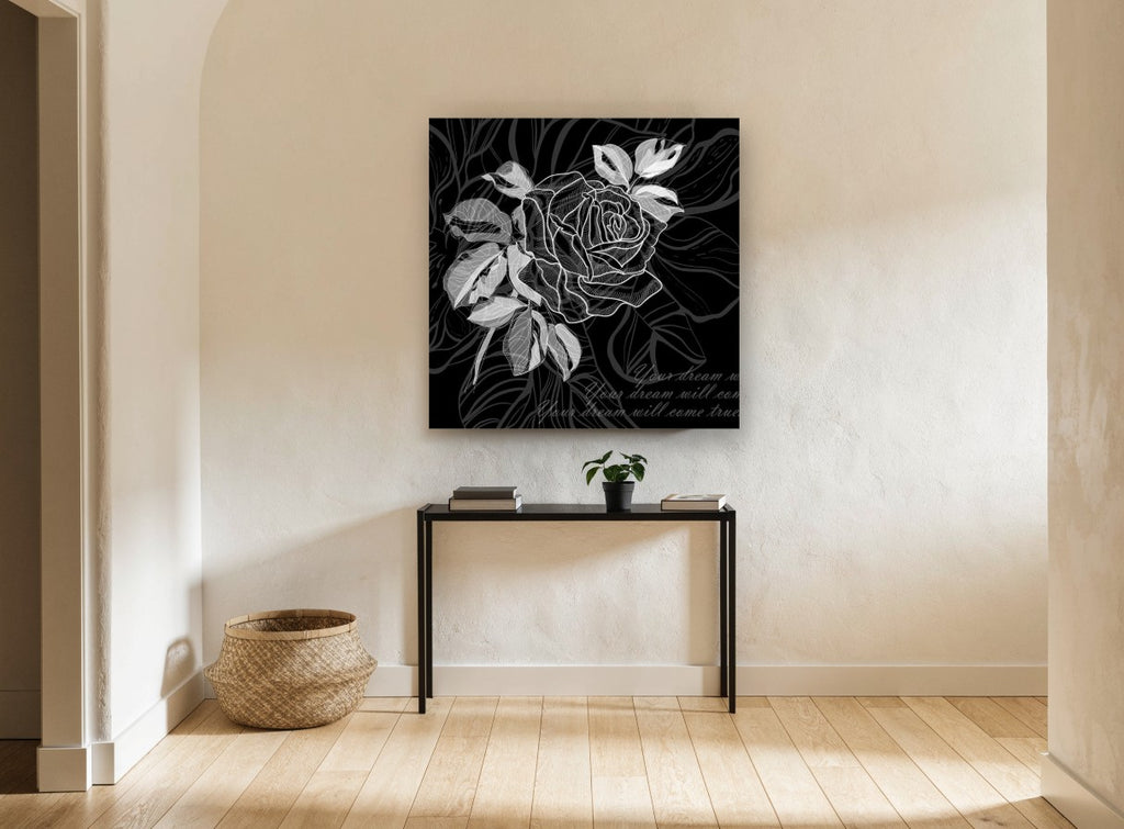Midnight Rose Script floral canvas print on the wall of a hallway