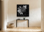 Midnight Rose Script floral canvas print on the wall of a hallway