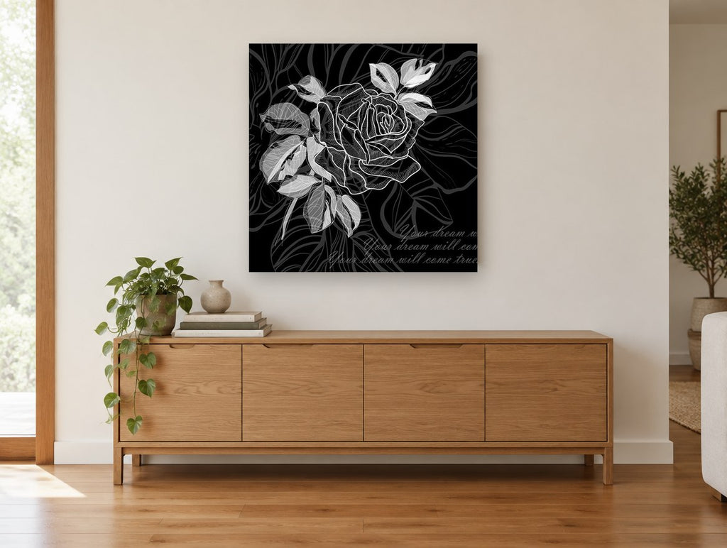 Midnight Rose Script floral canvas print on the wall of a living room above a sideboard