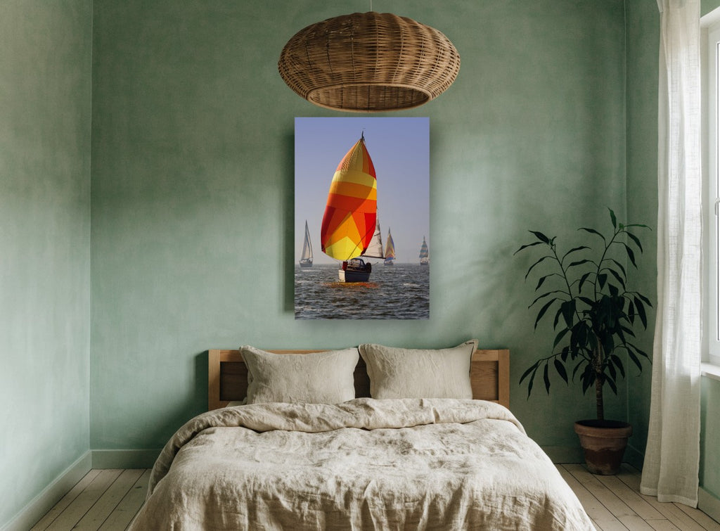 Spinnaker Regatta Haze coastal canvas print on the wall of a bedroom