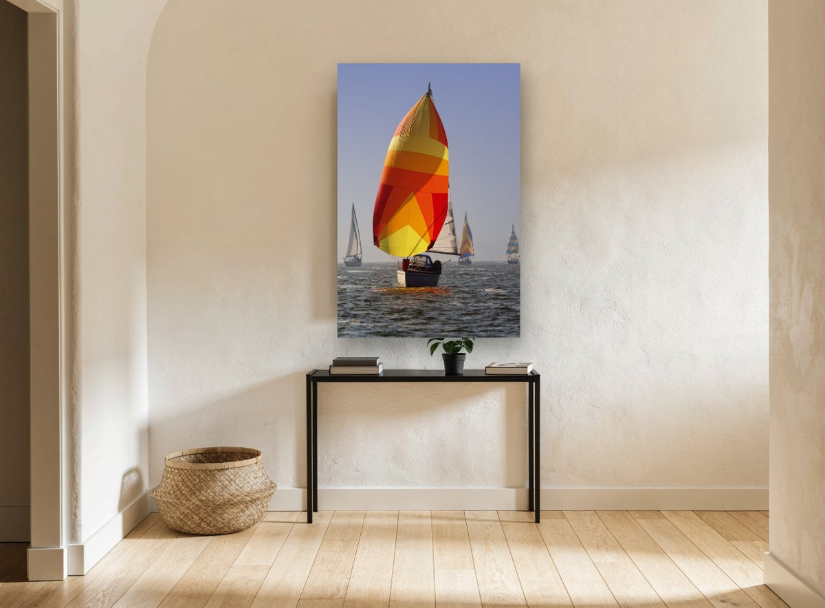 Spinnaker Regatta Haze coastal canvas print on the wall of a hallway