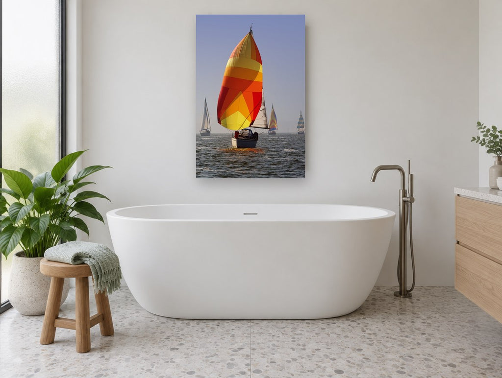 Spinnaker Regatta Haze coastal canvas print on the wall of a bathroom