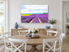 Lavender Rows Meeting Yellow landscape canvas print on the wall of a Hamptons dining room