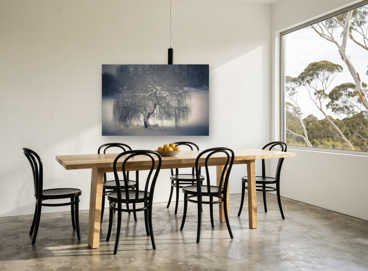 Frozen Willow Hush landscape canvas print on the wall of a dining room