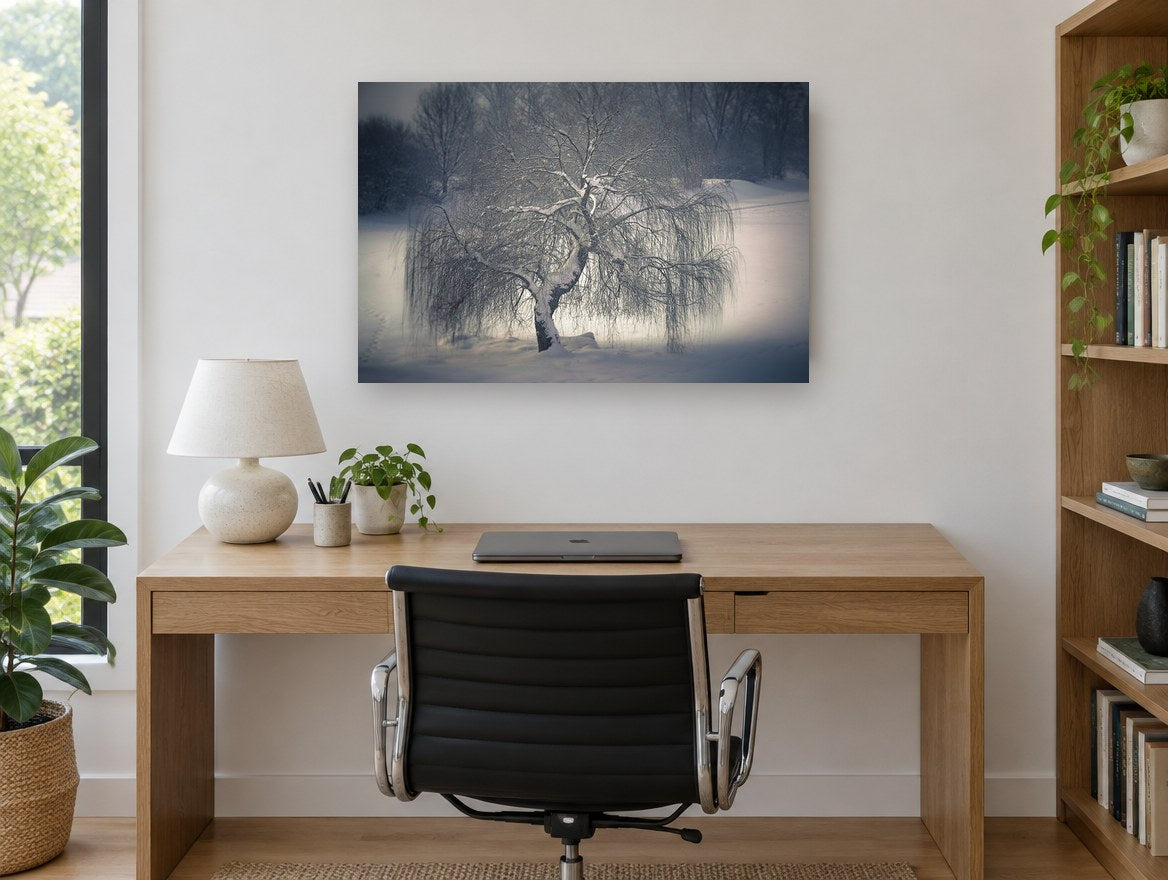 Frozen Willow Hush landscape canvas print on the wall of a study