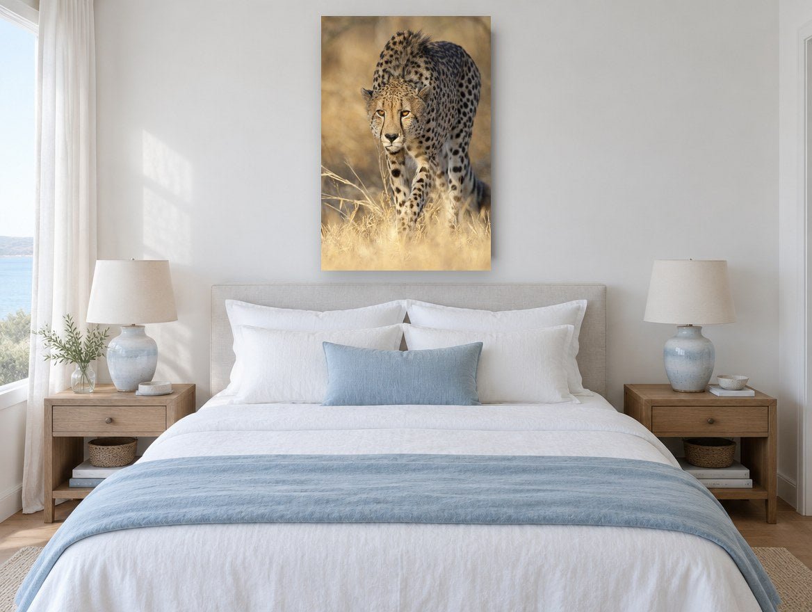 Stalking Cheetah Gaze animal canvas print on the wall of a bedroom