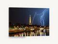 Storm Over the Seine, eiffel tower lightning at night photograph, city canvas wall art print ready to hang