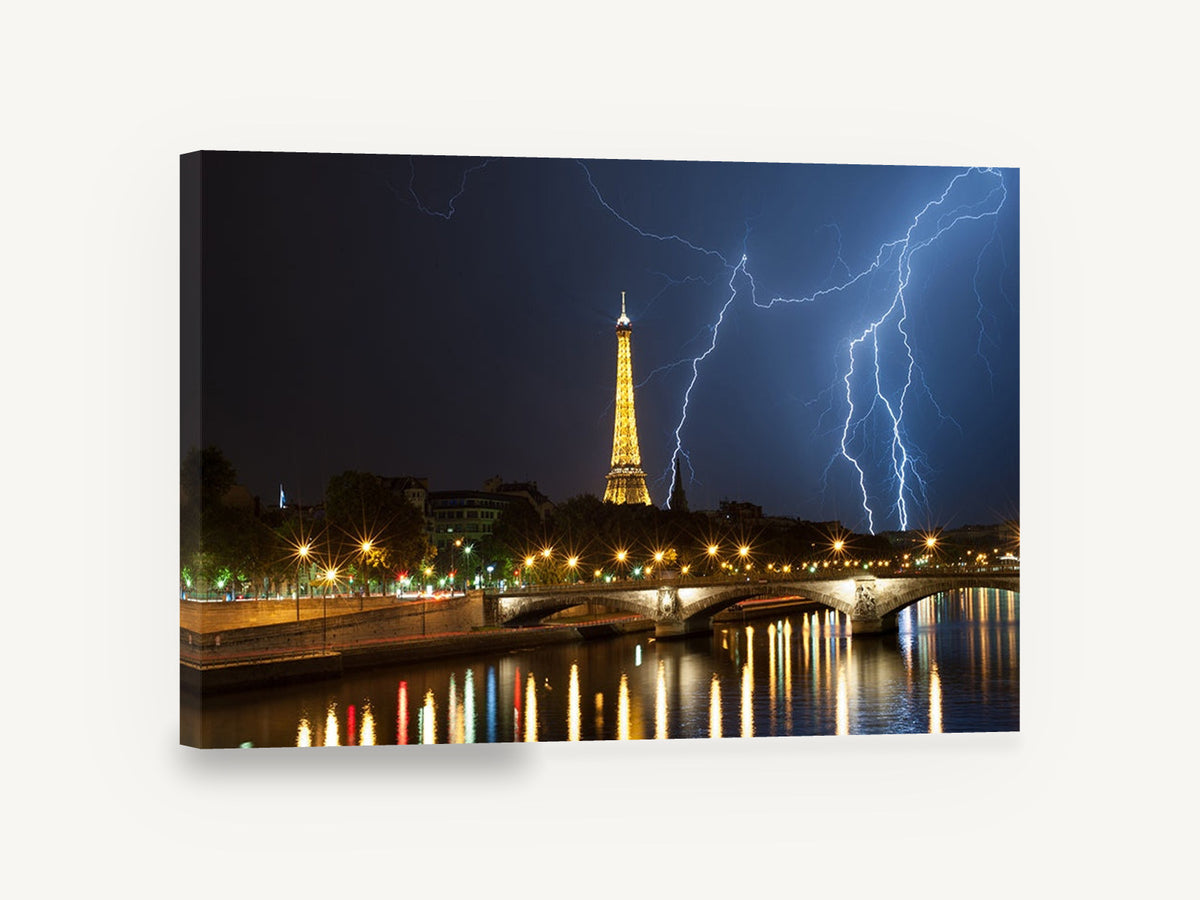 Storm Over the Seine, eiffel tower lightning at night photograph, city canvas wall art print ready to hang