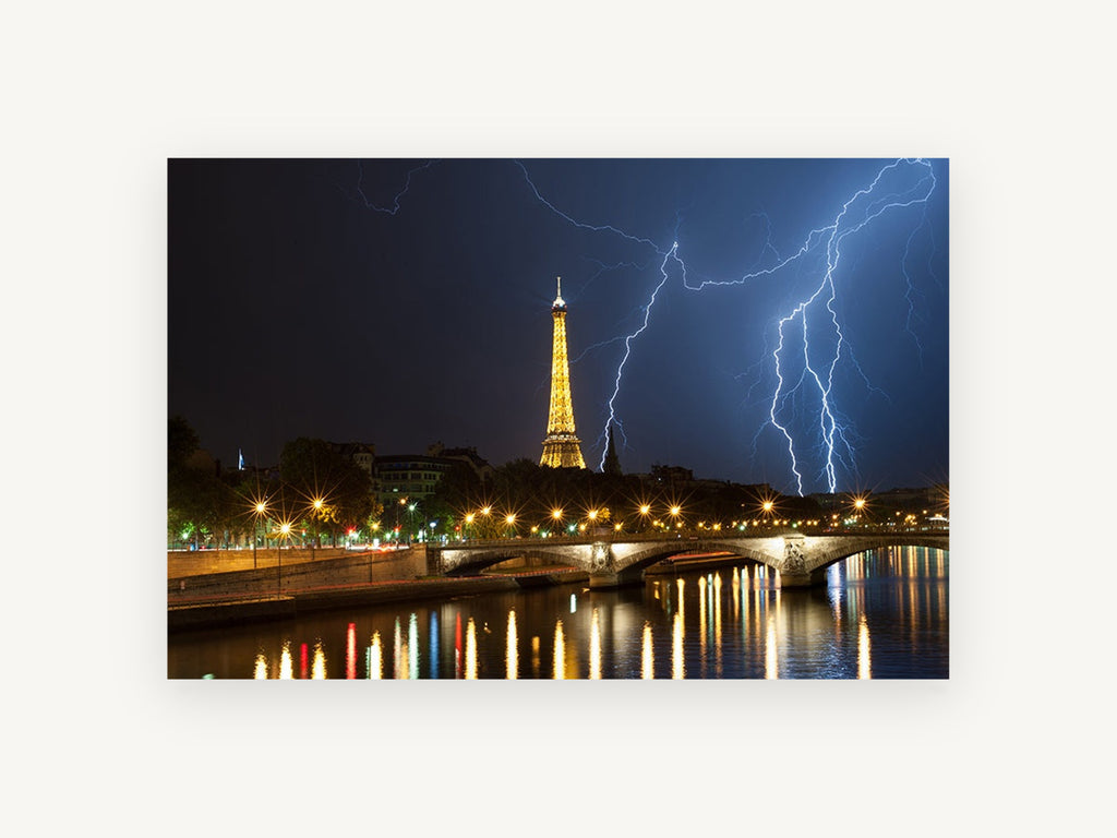 Storm Over the Seine, eiffel tower lightning at night photograph, city canvas wall art print, front view