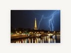 Storm Over the Seine, eiffel tower lightning at night photograph, city canvas wall art print, front view