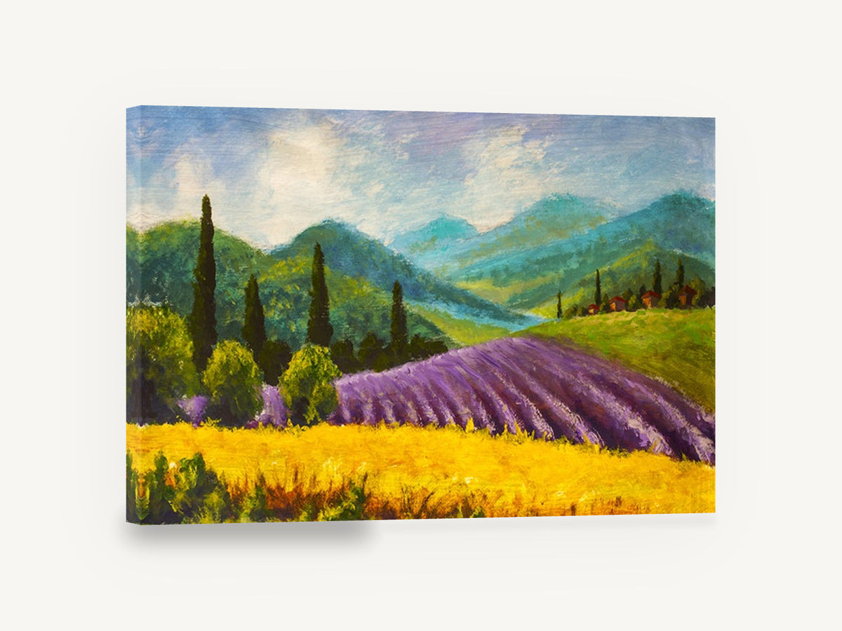 Lavender Hills Afternoon, lavender field hills landscape painting, floral canvas wall art print ready to hang