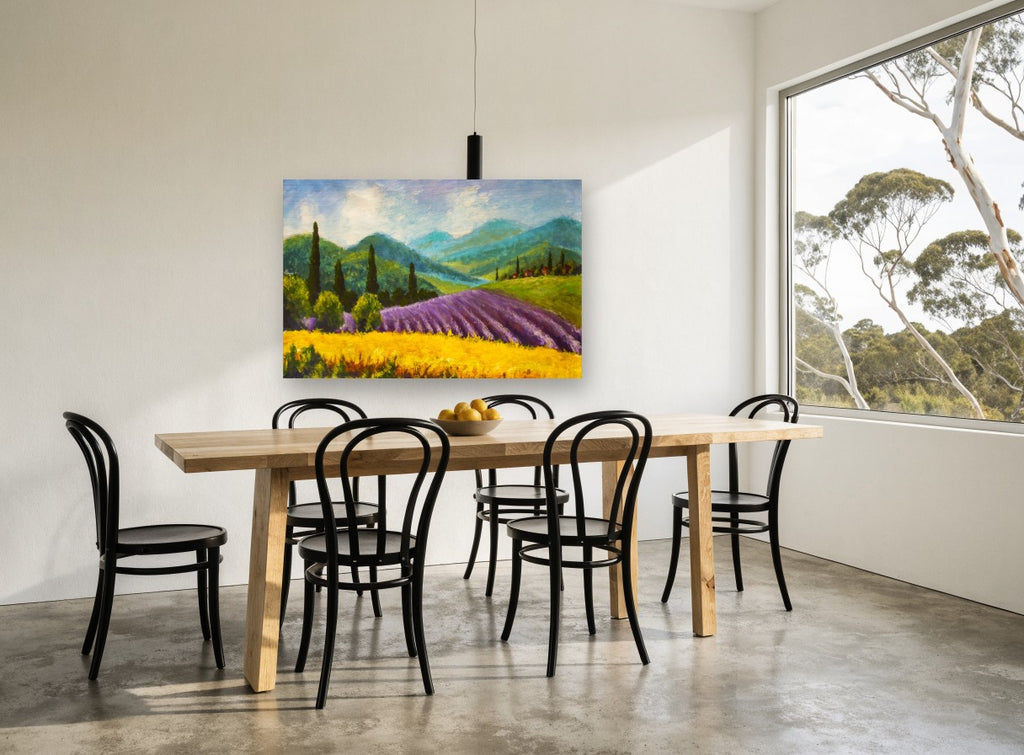 Lavender Hills Afternoon floral canvas print on the wall of a dining room