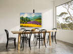 Lavender Hills Afternoon floral canvas print on the wall of a dining room