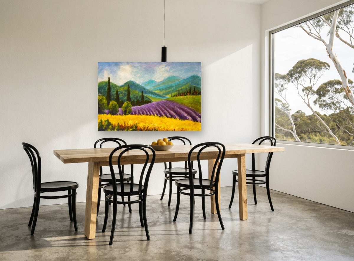 Lavender Hills Afternoon floral canvas print on the wall of a dining room
