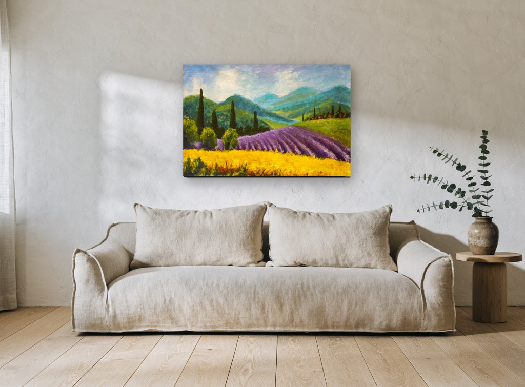 Lavender Hills Afternoon floral canvas print on the wall of a living room