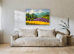 Lavender Hills Afternoon floral canvas print on the wall of a living room