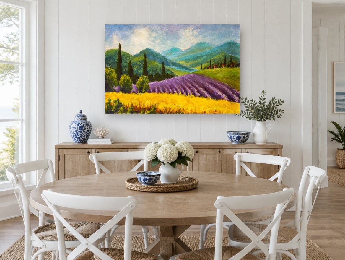 Lavender Hills Afternoon floral canvas print on the wall of a Hamptons dining room