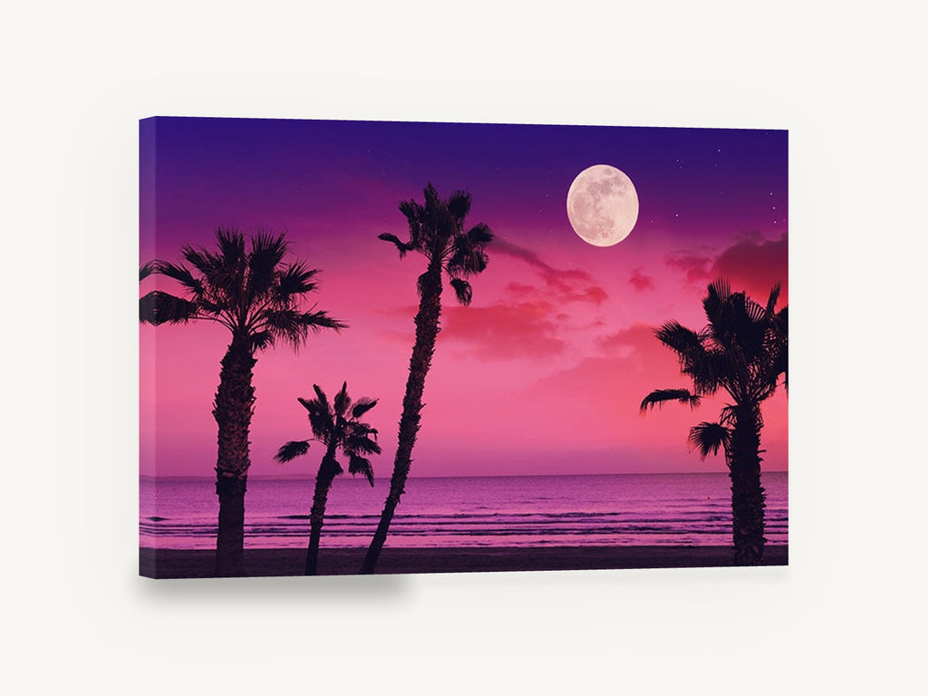 Pink Moonrise Palms, palm trees full moon pink sky photograph, coastal canvas wall art print ready to hang