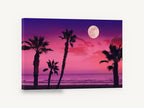 Pink Moonrise Palms, palm trees full moon pink sky photograph, coastal canvas wall art print ready to hang