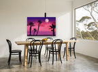 Pink Moonrise Palms coastal canvas print on the wall of a dining room